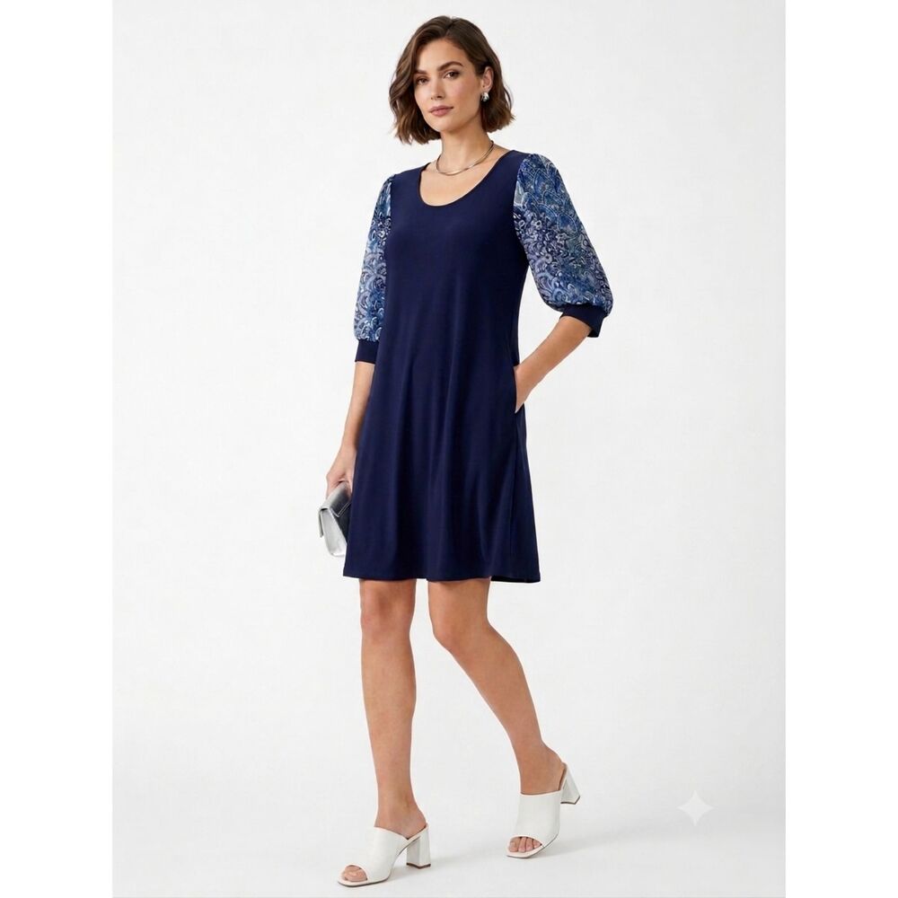 MSK Tunic Dress Women's Size L Navy Blue Short Sleeve